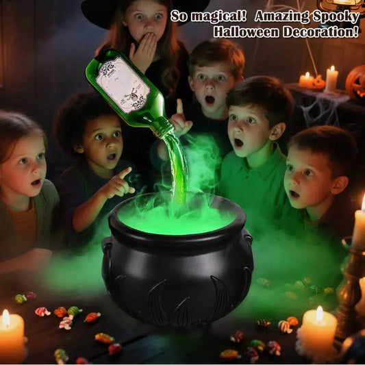 ✨🎃Dekoracje na Halloween do wnętrz – kocioł czarownicy z magicznymi pływającymi butelkami z eliksirem i wytwornicą mgły