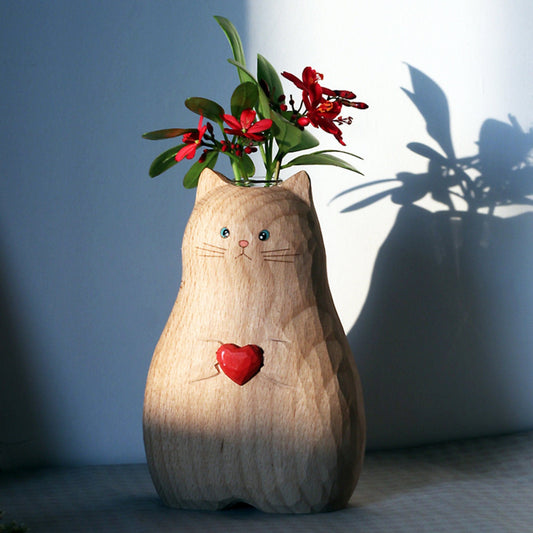 Handmade wooden cat vase