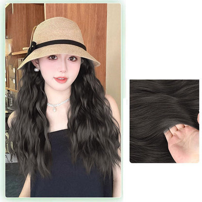 Woven Sunshade Hat with Integrated Wigs