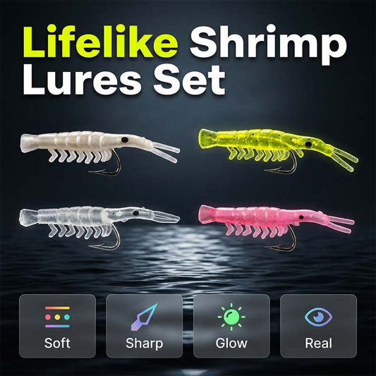 50 szt. świecących przynęt w kształcie krewetek – świecą w ciemności i ostre haczyki 🌙✨🦐🎣