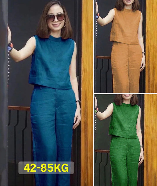 Female Solid Color Sleeveless Casual Cotton Linen Suit