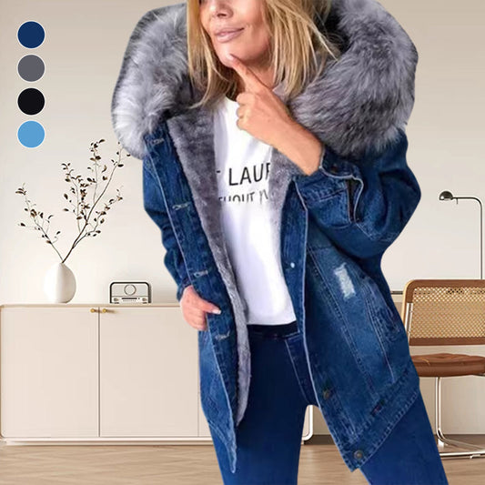 [Best Gift] Women's Warm Thick Faux Fur Collar Hooded Denim Jacket